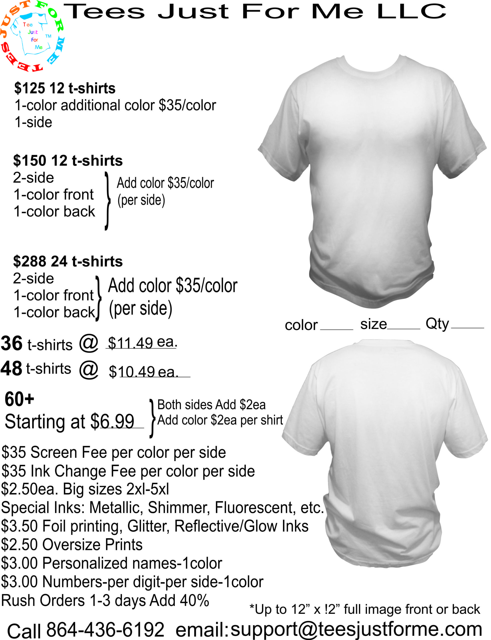 tshirt price sheet | Tees Just For Me